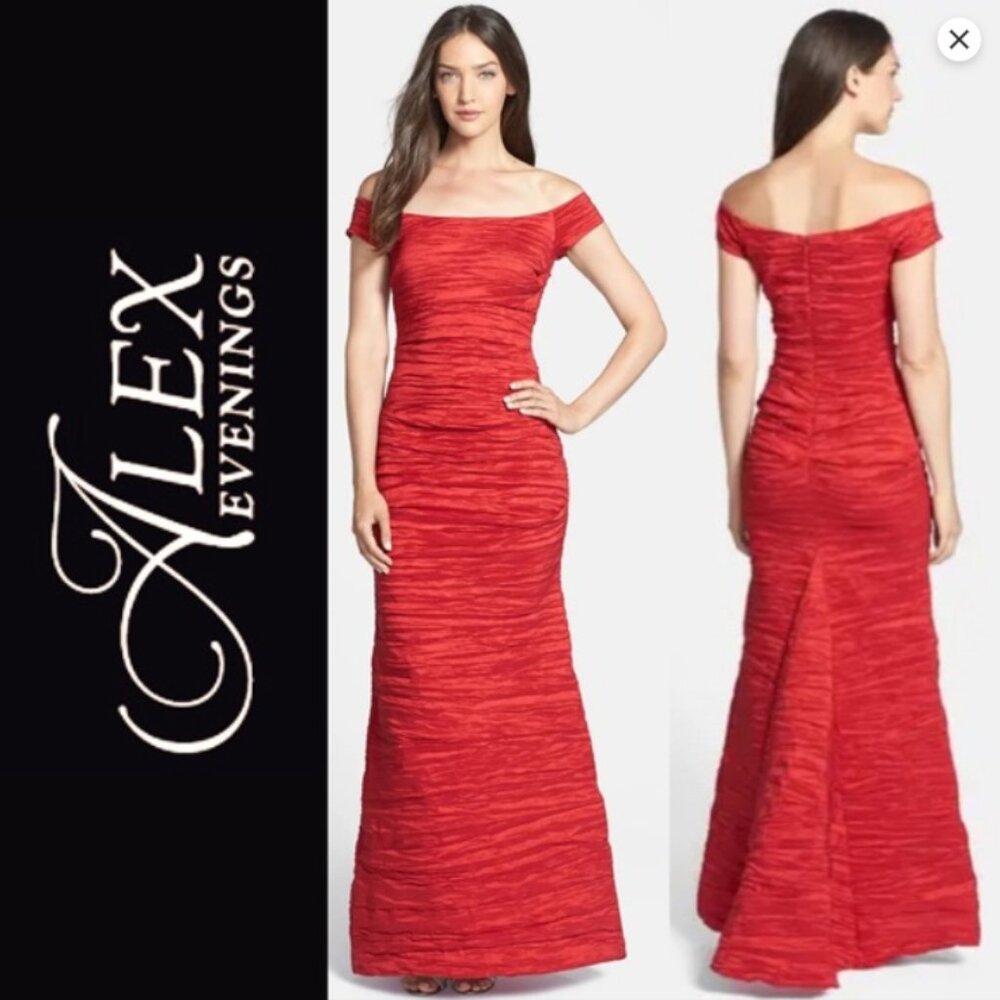 Long Stretch Taffeta Dress with Fishtail Skirt and Off the Shoulder Size 10